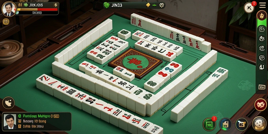 Tampilan gameplay menarik dari JIN33 dengan ubin Mahjong yang berwarna-warni.