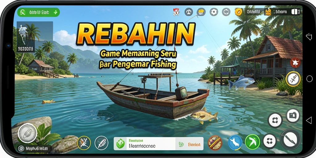 Tampilan gameplay REBAHIN dengan suasana memancing yang menarik.