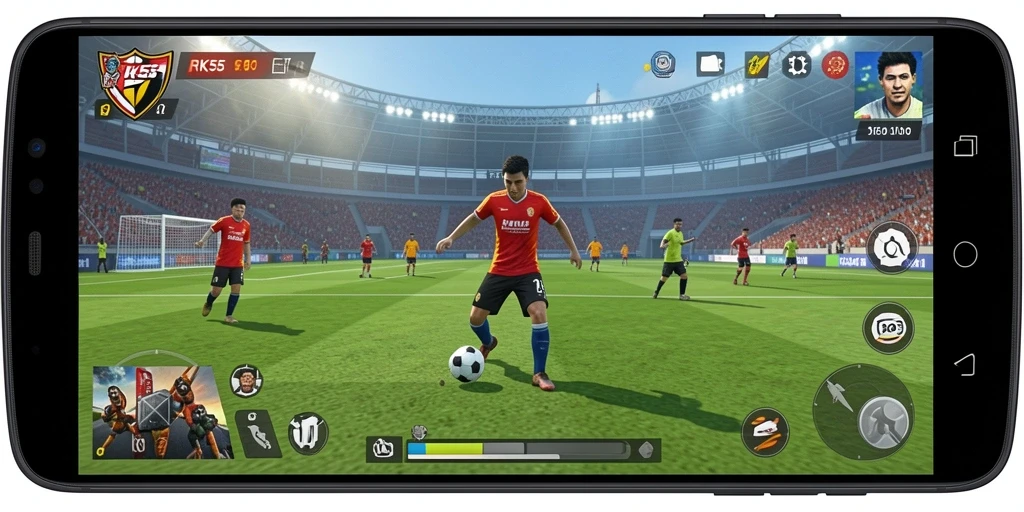 Tampilan seru gameplay RK55 dengan aksi sepak bola yang mendebarkan.