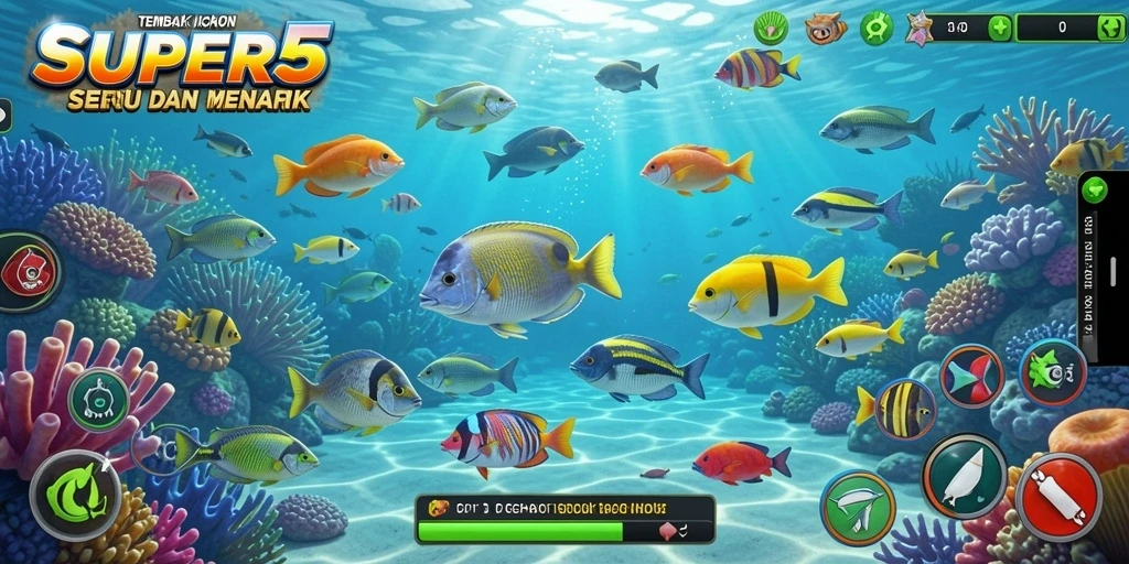 Screenshot gameplay SUPER5 menunjukkan aksi menembak ikan yang seru.